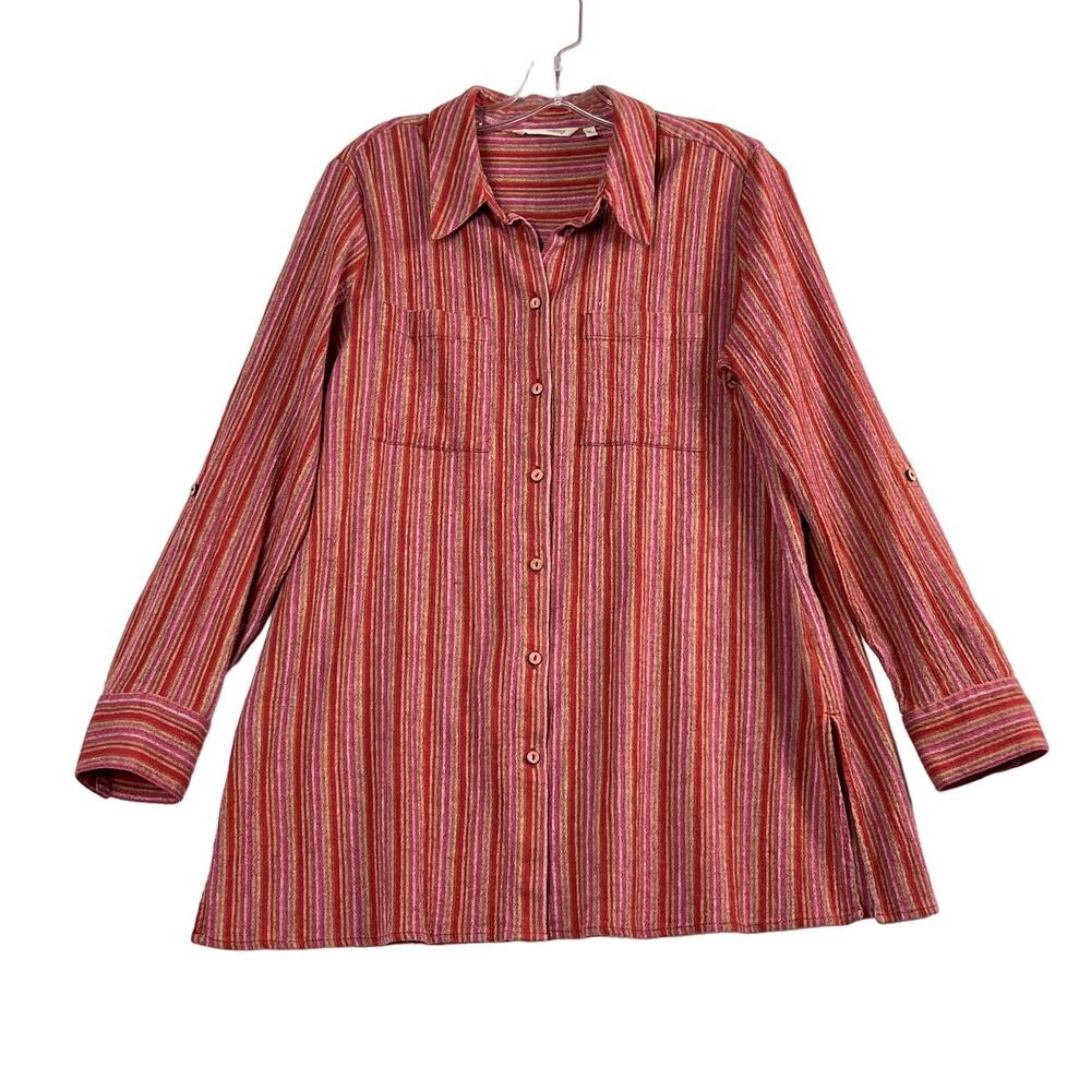 Soft Surroundings Kriya Roll Tab Striped Crepe Button Up Tunic Shirt Red Pink
